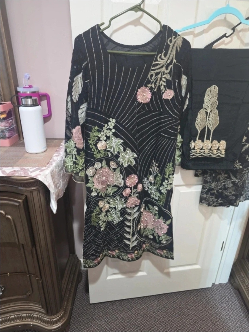 Embroidered Black Floral Long-Sleeve Dress